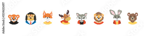 Eight animals in charming pixel art style show various expressions and colorful outfits. diverse features.