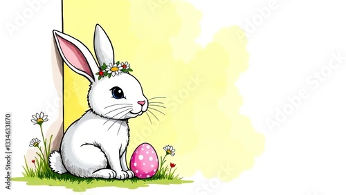 Easter bunny greeting card. Easter bunny with a wreath on his head on a yellow background. Banner akvarel