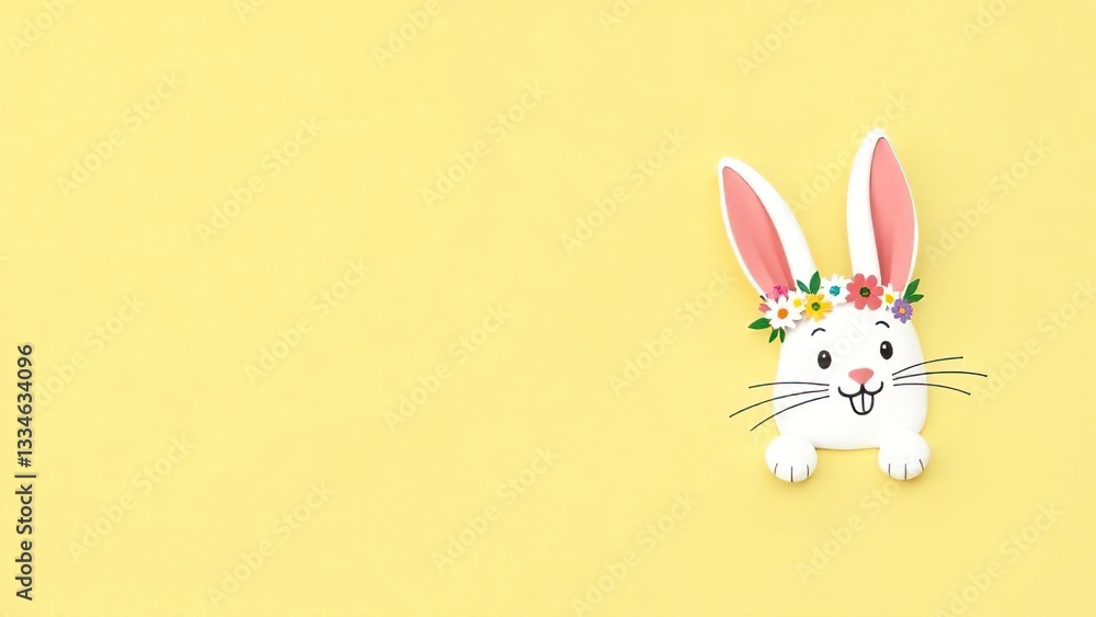 Obraz premium Easter bunny greeting card. Easter bunny greeting card. Easter bunny with a wreath on his head on a yellow background. Banner 