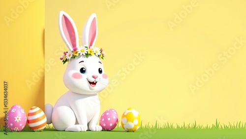 Easter bunny greeting card. Easter bunny greeting card. Easter bunny with a wreath on his head on a yellow background. Banner	