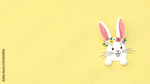 Easter bunny greeting card. Easter bunny greeting card. Easter bunny with a wreath on his head on a yellow background. Banner	