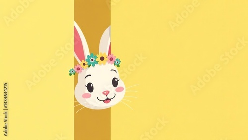 Easter bunny greeting card. Easter bunny greeting card. Easter bunny with a wreath on his head on a yellow background. Banner	