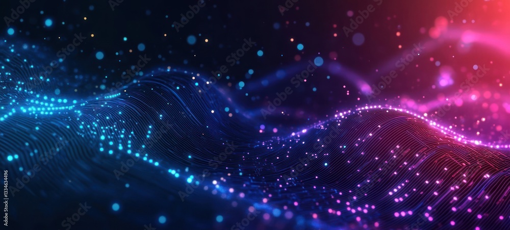 Obraz premium Futuristic Circuit Board Design with Flowing Waves in Neon Blue and Purple Abstract Technology Background