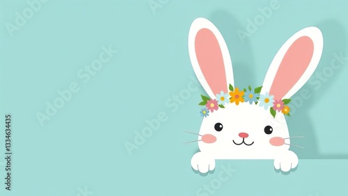 Easter bunny greeting card. blue background. Easter bunny with a wreath on his head on a blue background. Banner