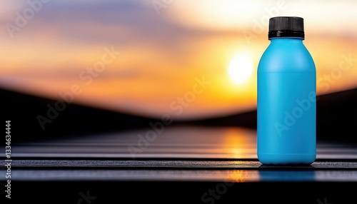 A vibrant blue bottle against a serene sunset backdrop.