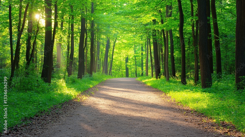 Fototapeta premium A serene forest path lined with vibrant green trees, inviting tranquility and a connection with nature.