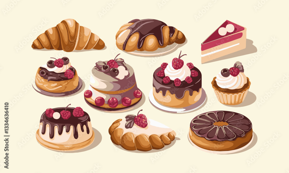 Modern vector-style illustration of various pastries and desserts, including croissants, cakes, tarts, and other baked goods, easily editable. Modern vector-style illustration of various pastries and desserts, including croissants, cakes, tarts, and other baked goods, easily editable.
