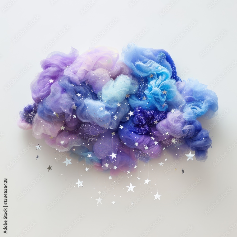 Fototapeta premium Dreamy cloudscape crafted from layers of soft tulle fabric in shades of blue and purple, adorned with sparkling glitter and delicate hanging star ornaments against a pristine white backdrop