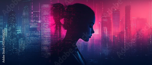 Wallpaper Mural Silhouette of woman with digital overlay in futuristic cityscape with vibrant neon lighting Torontodigital.ca