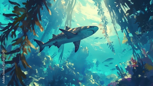 A spotted leopard shark swimming through kelp forests.