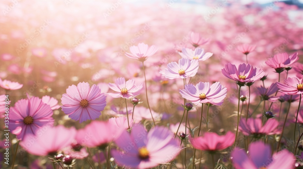 Dreamy meadow of pink cosmos flowers in full bloom, bathed in gentle sunlight with soft focus and bokeh background Dreamy meadow of pink cosmos flowers in full bloom, bathed in gentle sunlight with soft focus and bokeh background