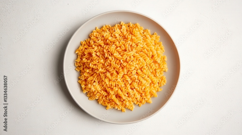 Golden fusilli pasta swirls on a white plate, creating a simple, appetizing still life Golden fusilli pasta swirls on a white plate, creating a simple, appetizing still life