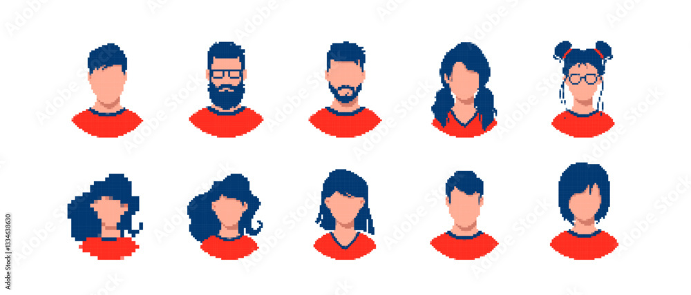 Fototapeta premium Pixel art showing various faces with different hairstyles and accessories in a colorful style.