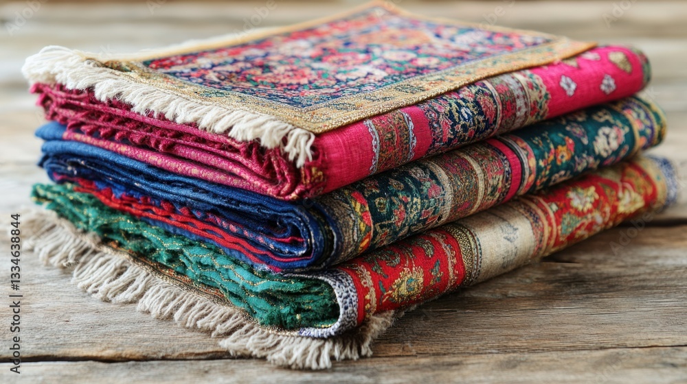 Stacked colorful carpets on rustic wooden table Stacked colorful carpets on rustic wooden table