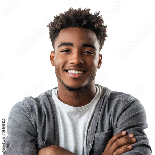 Portrait of smiling African American young man 18-20 years old in casual clothes, isolate on transparent background