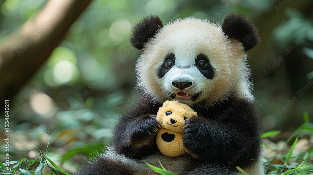 playful panda cub holds small teddy bear while sitting in lush forest, surrounded by greenery. cub curious expression adds charm to serene natural setting playful panda cub holds small teddy bear while sitting in lush forest, surrounded by greenery. cub curious expression adds charm to serene natural setting