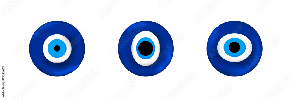 Three blue evil eye charms of different sizes adorned with concentric circles symbolizing protection. Three blue evil eye charms of different sizes adorned with concentric circles symbolizing protection.