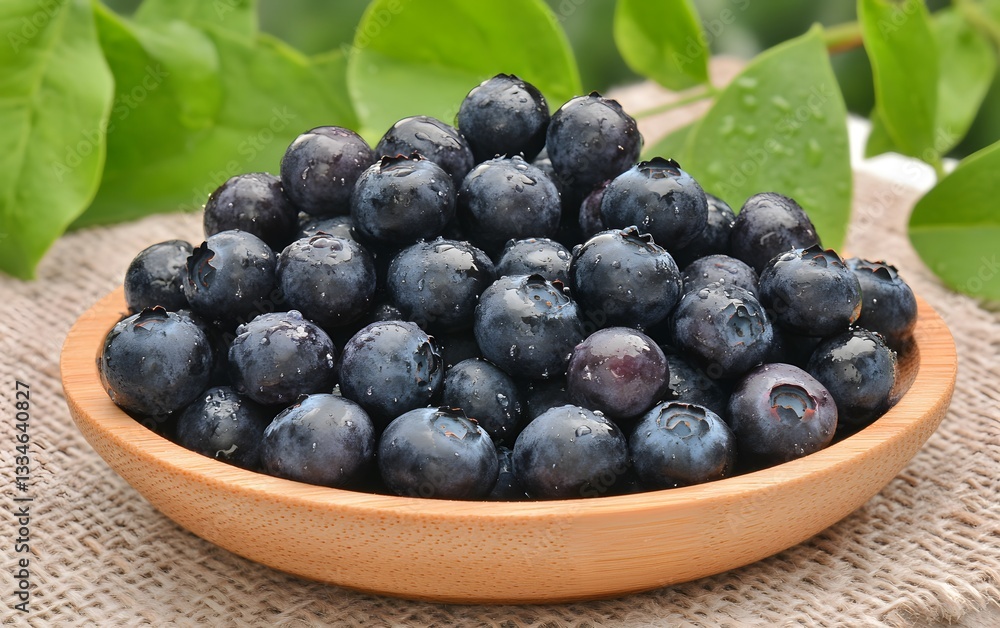 Fresh Juicy Blueberries in Wooden Bowl, Closeup Fresh Juicy Blueberries in Wooden Bowl, Closeup