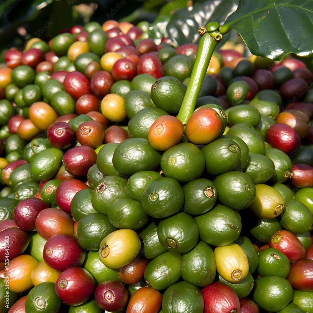 Vibrant Green and Red Coffee Beans on Branch Vibrant Green and Red Coffee Beans on Branch