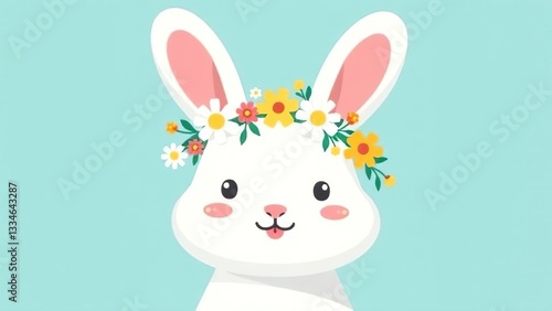 Easter bunny greeting card. Easter bunny with a wreath on his head on a blue background