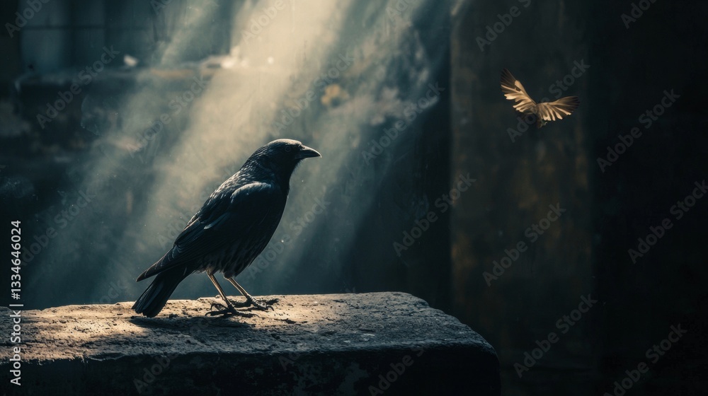 Fototapeta premium Dramatic black raven in moody lighting