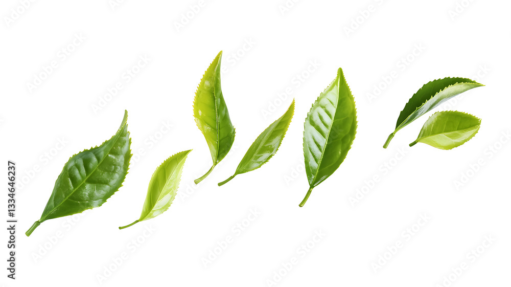 A row of green leaves is shown in the air, with some of them falling to the ground. Concept of movement and growth, as the leaves are in various stages of falling and being blown by the wind A row of green leaves is shown in the air, with some of them falling to the ground. Concept of movement and growth, as the leaves are in various stages of falling and being blown by the wind