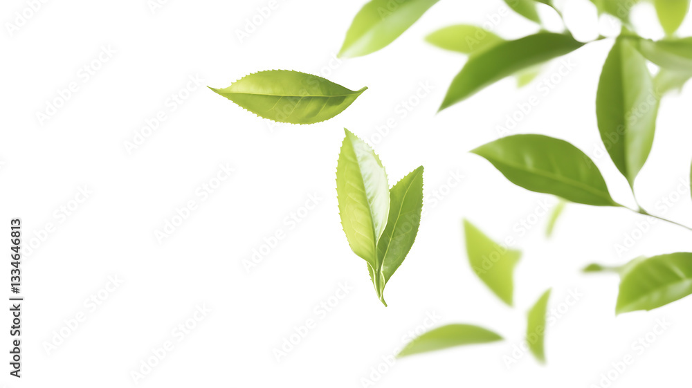 A row of green leaves is shown in the air, with some of them falling to the ground. Concept of movement and growth, as the leaves are in various stages of falling and being blown by the wind A row of green leaves is shown in the air, with some of them falling to the ground. Concept of movement and growth, as the leaves are in various stages of falling and being blown by the wind