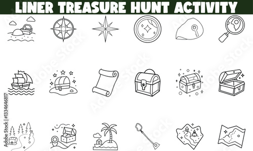 Treasure Hunt Activity Liner Icons, Map, Compass, Pirate Ship