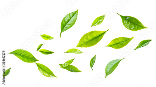 A row of green leaves is shown in the air, with some of them falling to the ground. Concept of movement and growth, as the leaves are in various stages of falling and being blown by the wind
