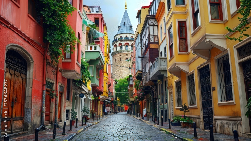 Naklejka premium Charming Istanbul Street Scene with Colorful Buildings and Distant Galata Tower