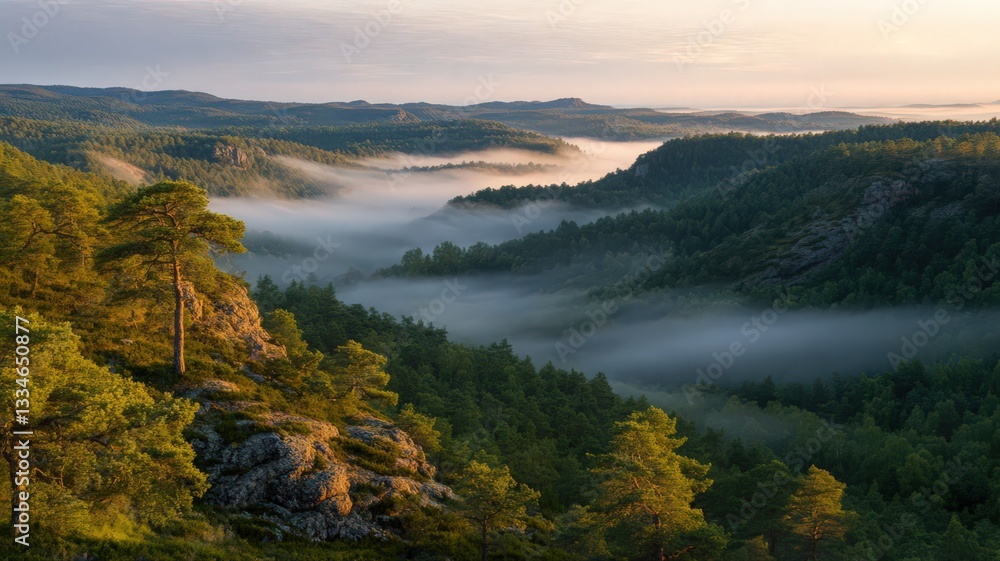 Obraz premium Misty Sunrise Over Lush Green Valley