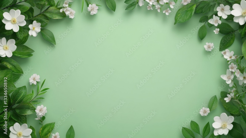 Naklejka premium Floral arrangement with white flowers and green leaves on soft mint background nature aesthetic close-up