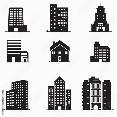 This image features a collection of black silhouette building icons, including skyscrapers, a house, and a more stylized, possibly commercial, building