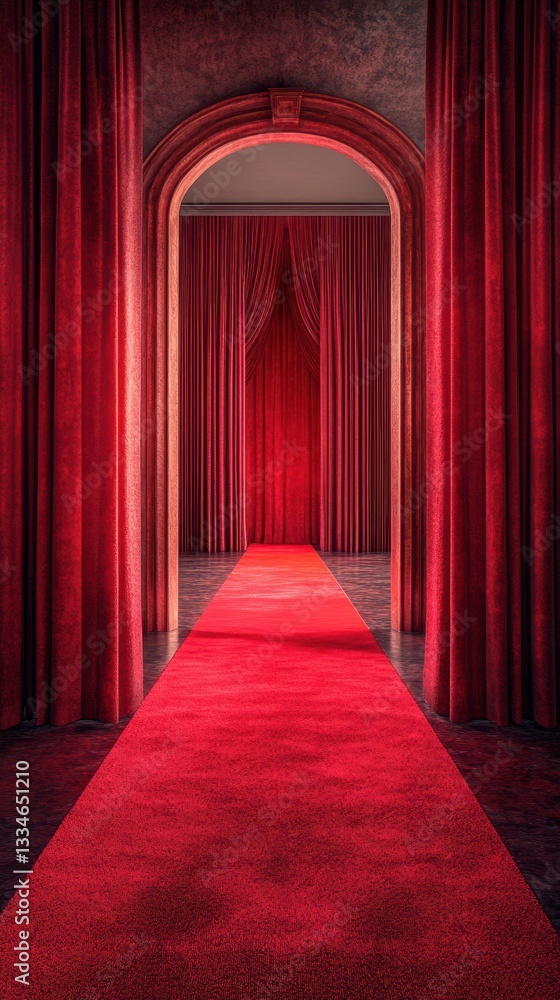 Fototapeta premium Elegant red carpet entrance with draped curtains creating a striking and luxurious atmosphere in an indoor setting