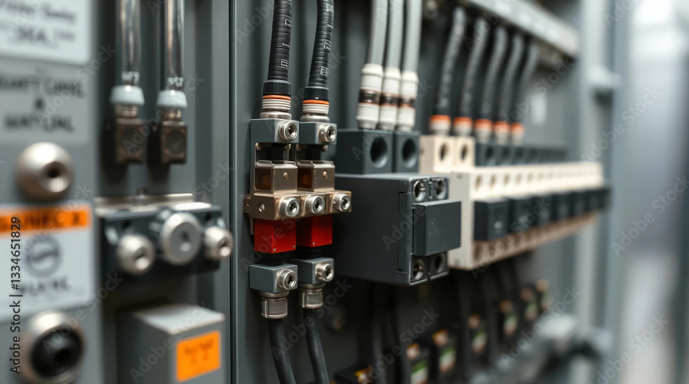 Naklejka premium Close-Up of Electrical Panel with Fuses and Contactors for Power Distribution