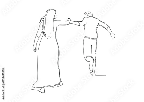 Continuous one line drawing of man is trying to hold a woman who is reaching out with her hand somewhere.