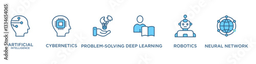 AI banner web icon vector illustration concept of artificial intelligence with icon of cybernetics problem-solving, deep learning machine learning robotics and neural network 
