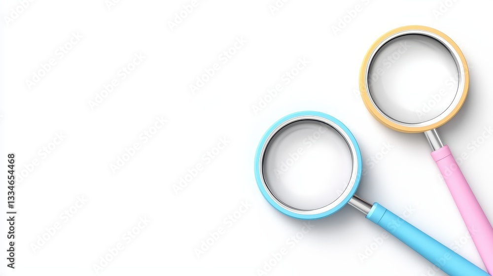 Colorful magnifying glasses on a bright background, symbolizing exploration and discovery. Colorful magnifying glasses on a bright background, symbolizing exploration and discovery.