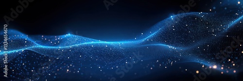 Abstract Futuristic Digital Art with Glowing Blue Wireframe Waves Connected Nodes Minimalist Composition
