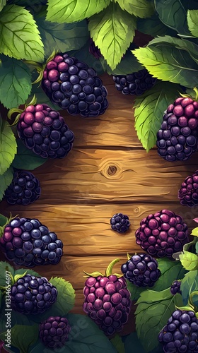 Wallpaper Mural Blackberry Bounty: A close-up image showcases a vibrant cluster of blackberries, nestled amidst lush green leaves against a rustic wood panel, embodying freshness. Torontodigital.ca
