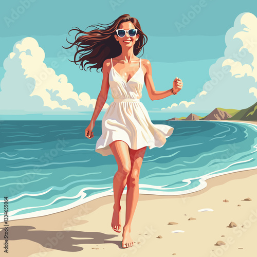 Carefree woman running barefoot on beach with ocean waves, summer joy