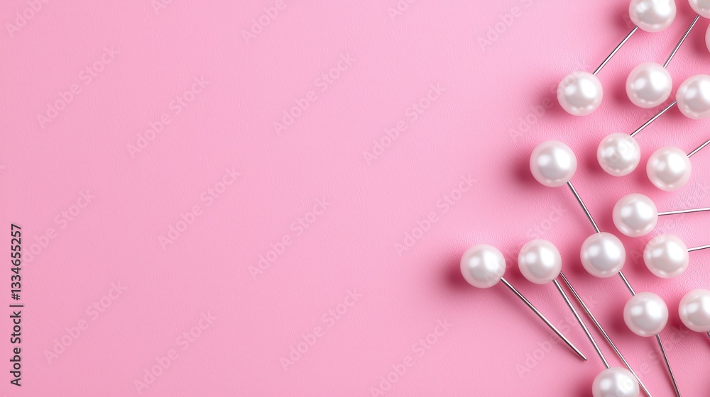 Obraz premium Colorful sewing pins with pearl heads arranged on a pink background.