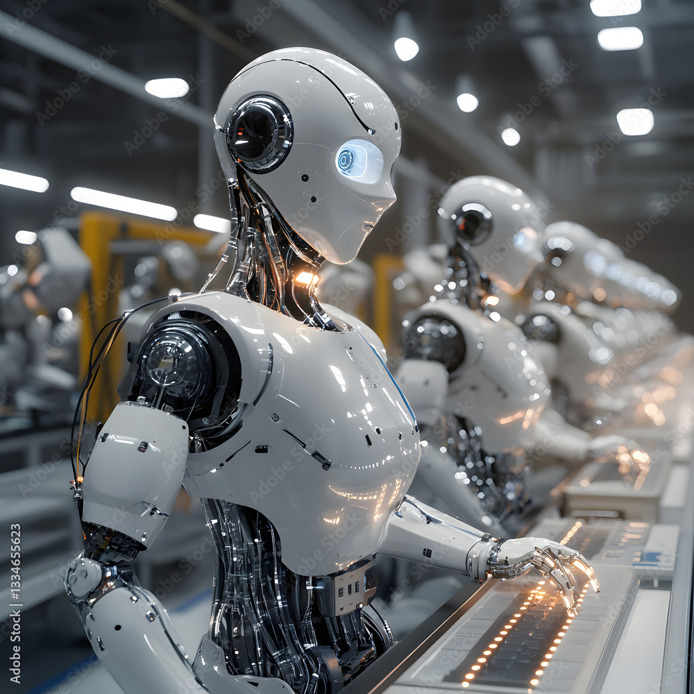 Fototapeta premium Futuristic Robots Working on Assembly Line in Factory