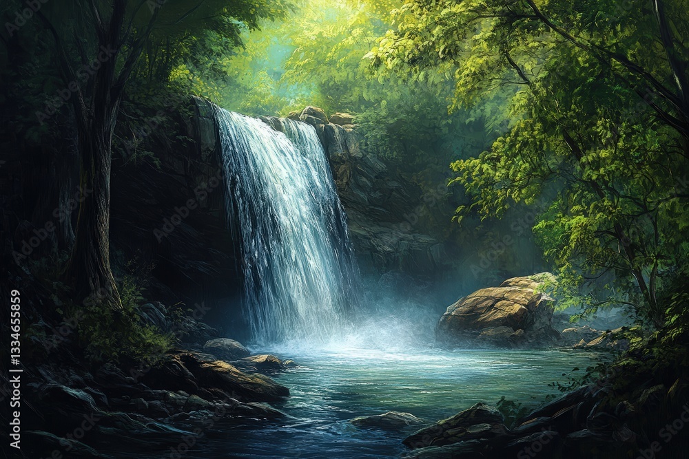 Fototapeta premium Hidden Waterfall Flows Into Serene Pool Within a Lush Forest Setting During Midday Sunshine Illuminating the Scene