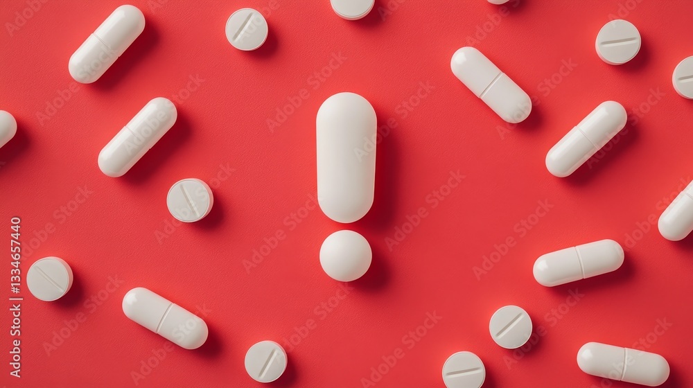 White pills with a red exclamation mark symbolize medication safety alert.