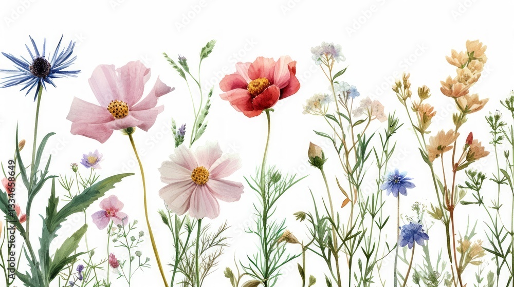 Minimalistic Beautiful Illustration of Gentle Field Flowers with Hand Drawn Watercolor Floral Patterns and Soft Colors Minimalistic Beautiful Illustration of Gentle Field Flowers with Hand Drawn Watercolor Floral Patterns and Soft Colors