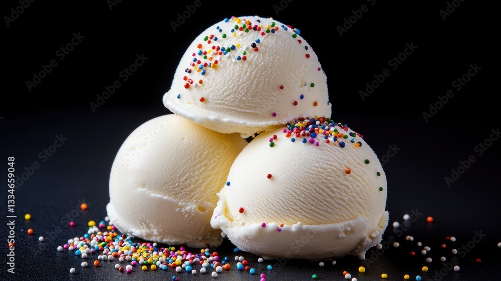 Fototapeta premium Creamy ice cream scoops topped with colorful sprinkles.