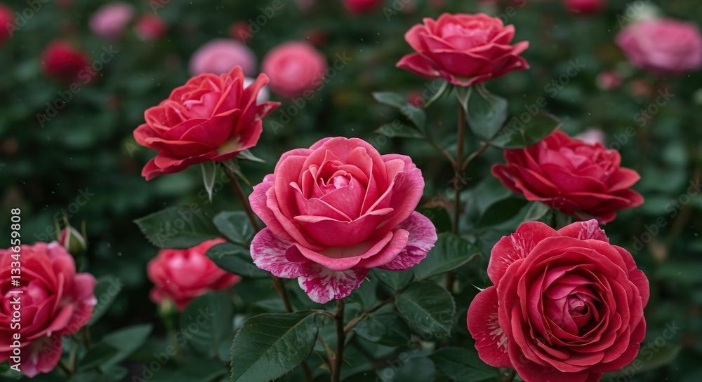 Obraz premium Rose garden background, different varieties of roses, green leaves. Rich color, soft light, romantic atmosphere. 