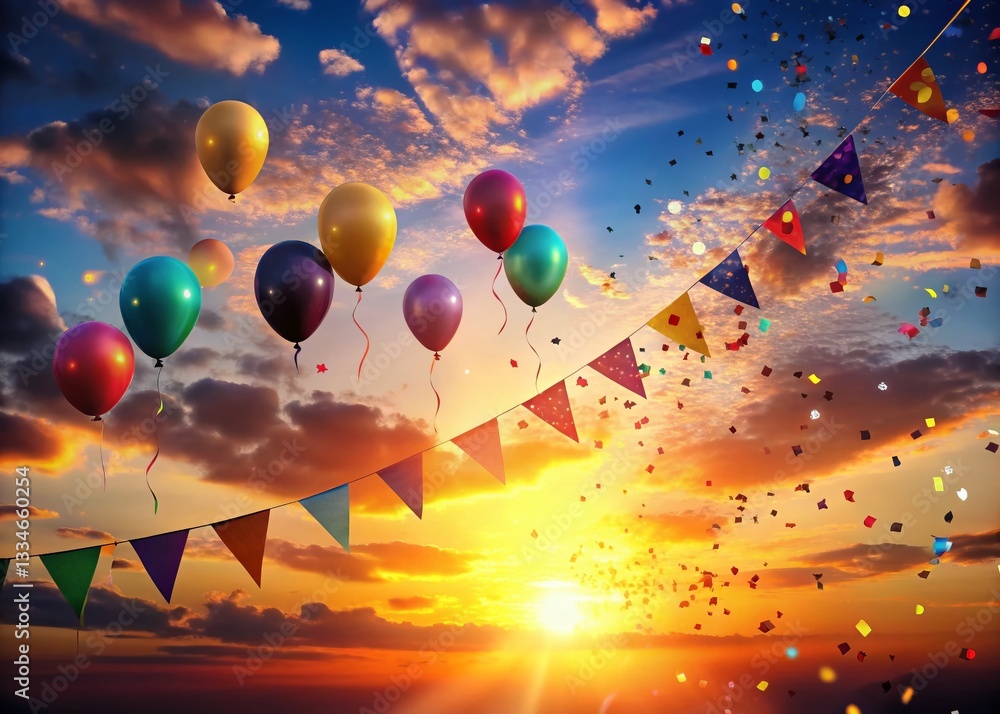 Silhouette of Festive Balloons, Confetti & Bunting at Sunset