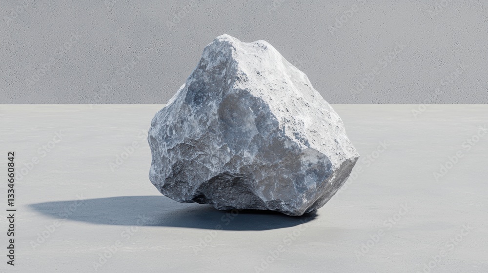 Naklejka premium A large gray rock sits on a gray concrete floor against a gray wall.